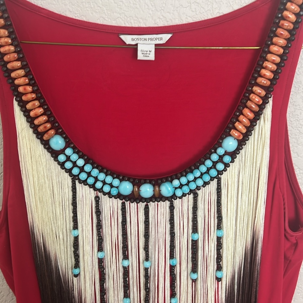 Boston Proper Red Beaded Fringe Tank Top Size Medium